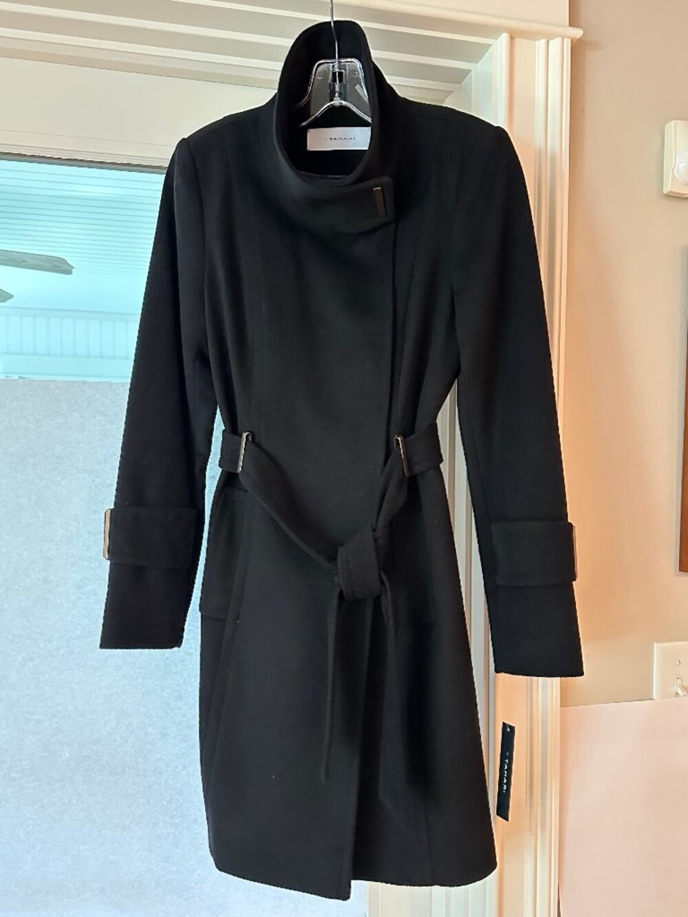 Tahari wool blend trench style coat with belt, funnel collar, silver bar details